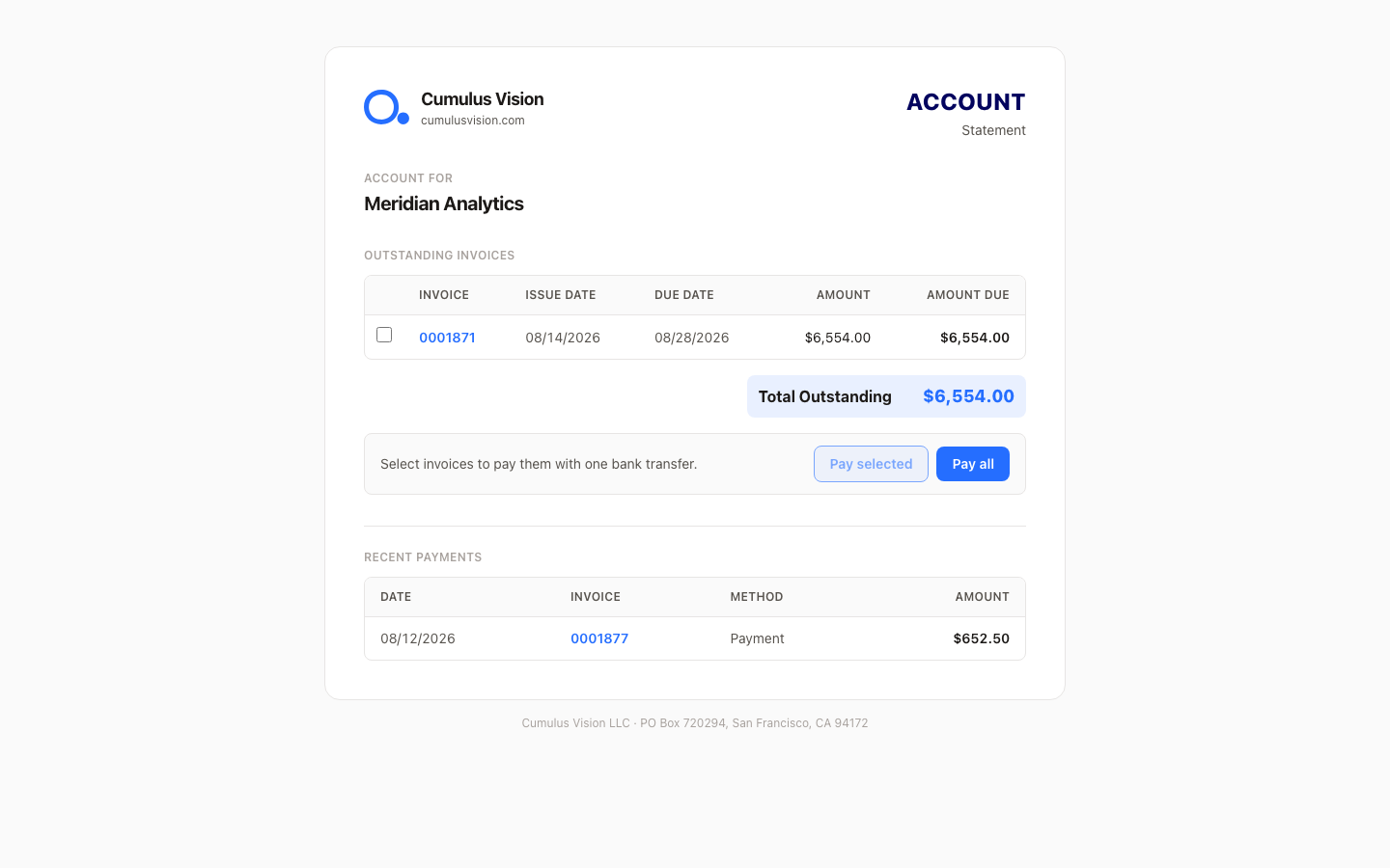 Client account statement page listing outstanding invoices with checkboxes, a total outstanding figure, and Pay selected / Pay all buttons