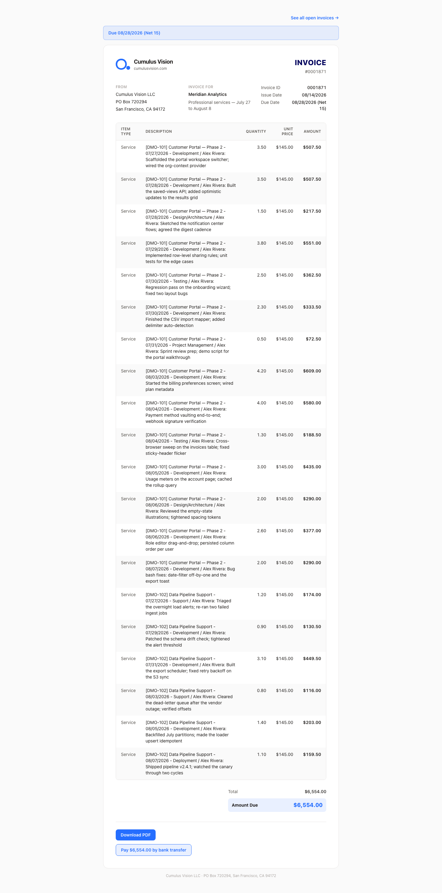 Hosted client invoice page with itemized time entries, totals, a Download PDF button, and a pay-by-bank-transfer button
